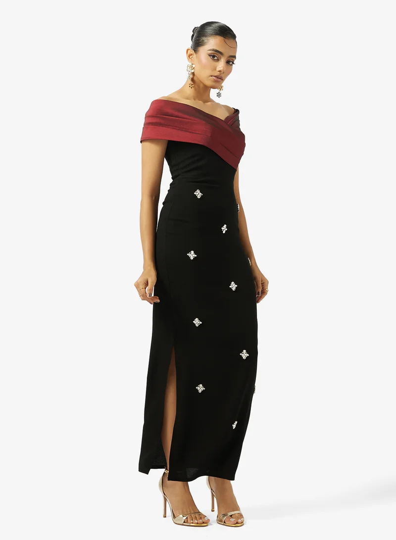 Akadia Fashion DRAPED CROSS BUST BEADED CREPE DRESS